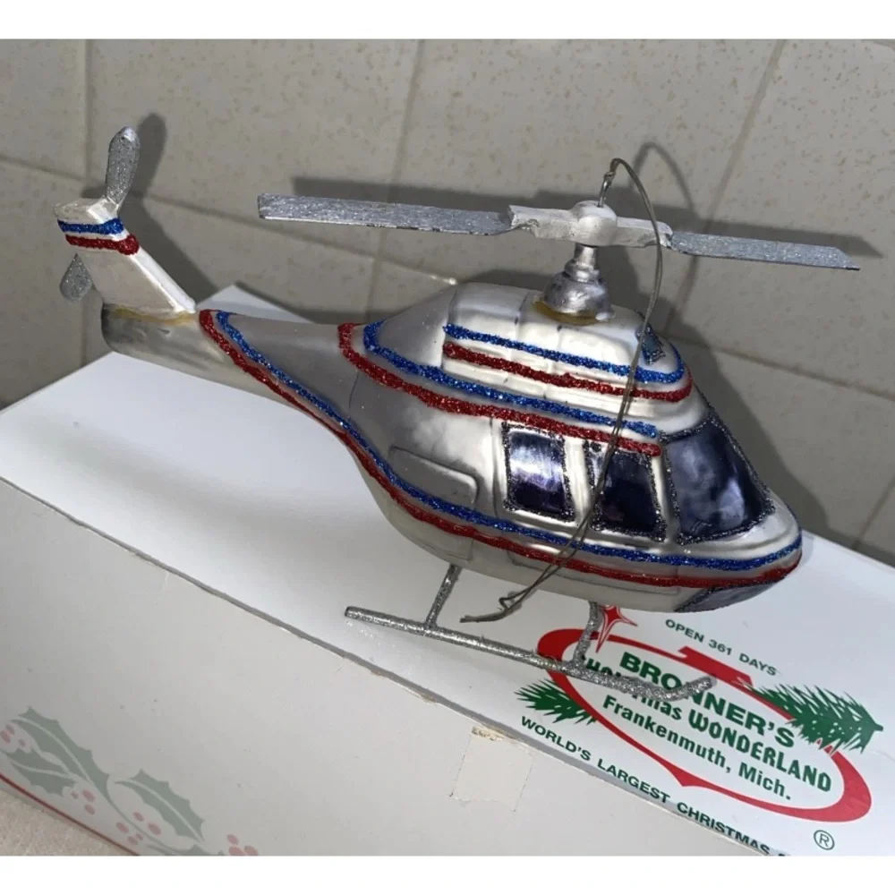 Vintage Silver, Red & Blue Blown Glass‎ Aviation Helicopter Christmas Ornament